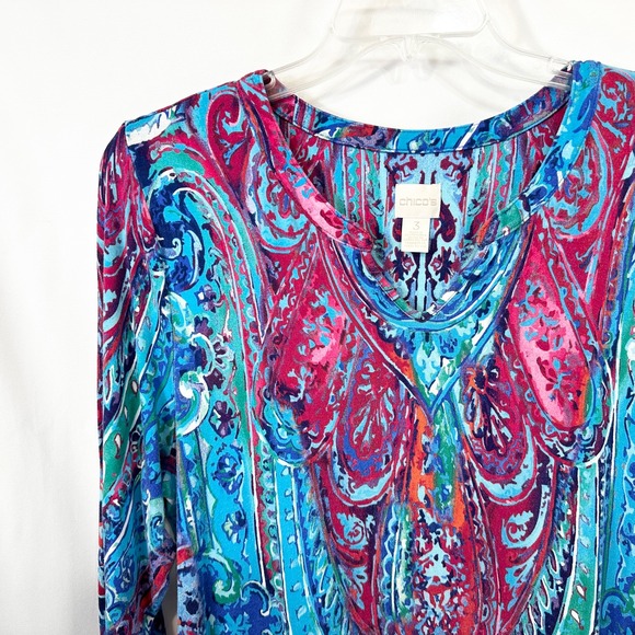 Chicos XL Top Size 3 Blue Pink Paisley Vibrant Mature Office Artsy Retro 1792 - Picture 3 of 9